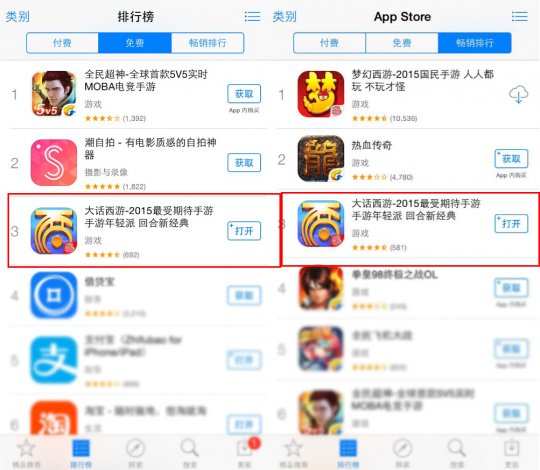 大话西游手游iOS公测首日App Store畅销排行